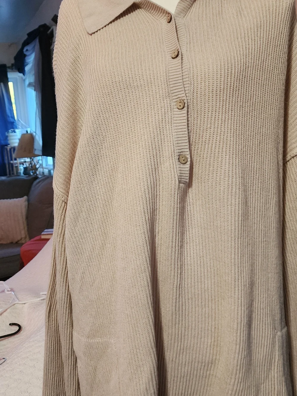 Free People Beige Ribbed Cowl/Turtleneck Button-Front Sweater